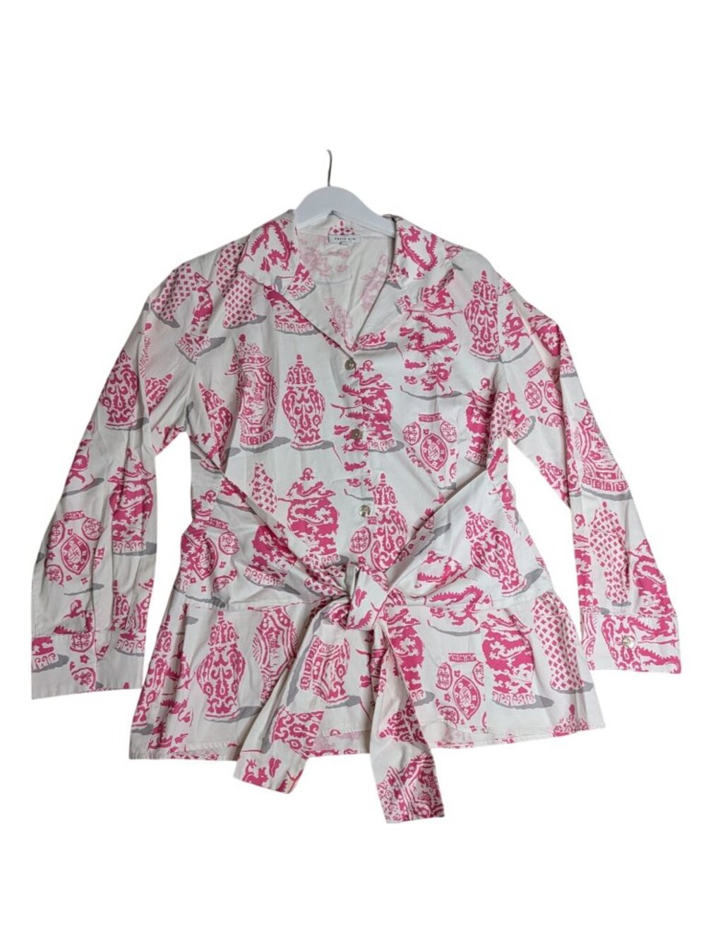 Patty Kim Sash Tie Blouse XL Chinoiserie Pink & White Button Front Minimalist Lu - Picture 11 of 11